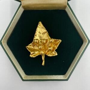 Vintage Flora Danica Denmark Leaf & Berries Sterling & Gold Brooch 2" w/Gift Box